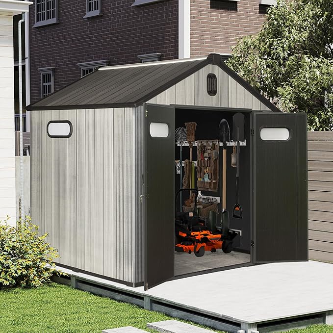 Domi 8x6FT Resin Outdoor Storage Shed with Lockable Door, Waterproof Outside Sheds with Windows & Vents, Heavy-Duty Plastic Tool Storage Shed for Patio Furniture, Lawn Mower, Bike