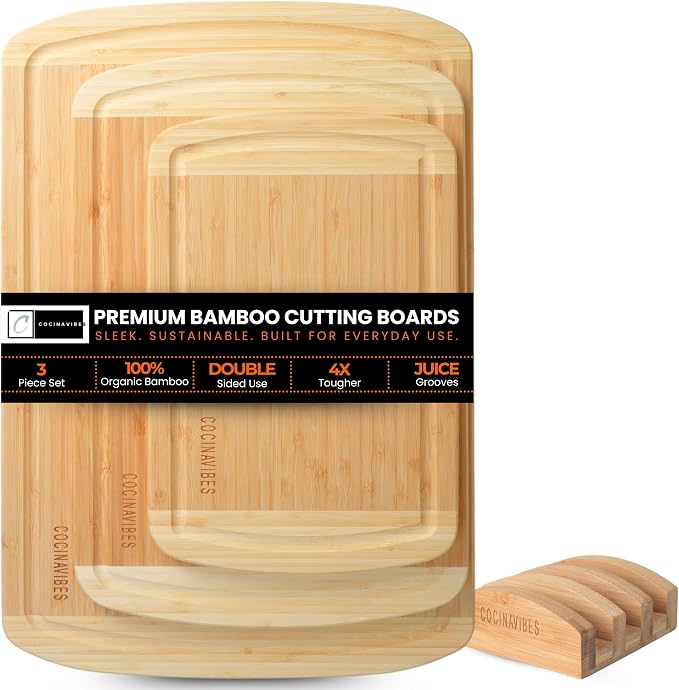 Bamboo Cutting Board Set – Charcuterie & Chopping Boards for Kitchen, Large & Small Sizes, Safe Cutting Boards for Meat, Cheese, Pizza – Home & Kitchen Gift Idea