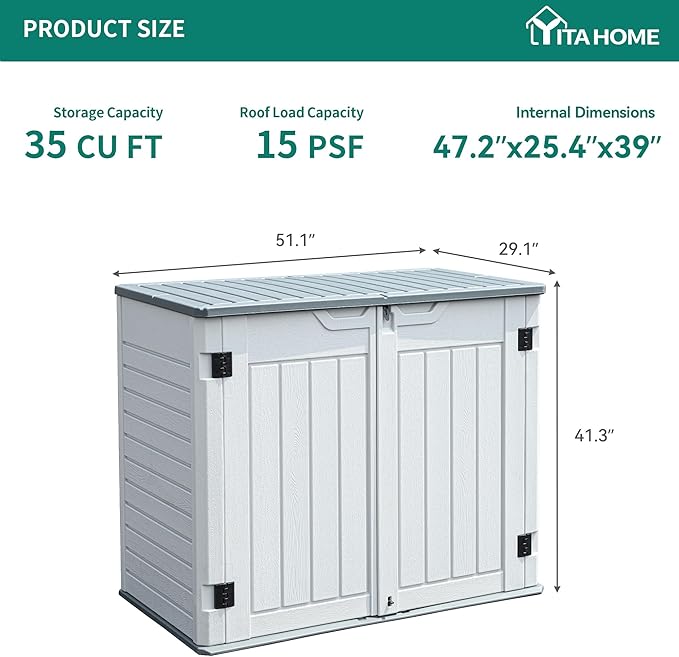 YITAHOME Outdoor Resin Storage Sheds, 39 in Height Lockable Waterproof Horizontal Shed w/o Shelf, Easy to Assemble Shed Storage for Garden Tools, Light Gray
