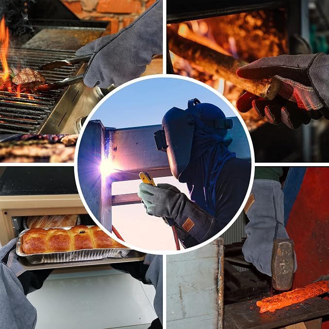 WZQH 16 In,932℉,Welding Gloves,Fireplace Glove,Fire & Heat Resistant,XL | Mitt for BBQ,Oven,Grill,Tig,Mig,Baking,Furnace,Stove,Pot Holder,Animal Handling Glove, Forge,etc.Leather,X-Large,Black-gray