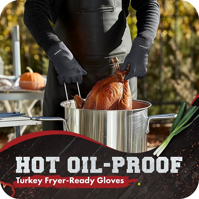 KITCHEN PERFECTION Silicone Smoker Oven Gloves-Extreme Heat Resistant BBQ Gloves-Handle Hot Food Right on Your Grill Fryer & Pit|Waterproof Grilling Cooking Baking Mitts|Superior Value Set +3 Bonuses | Waterproof, 5-Finger Design For A Better Grip, for...