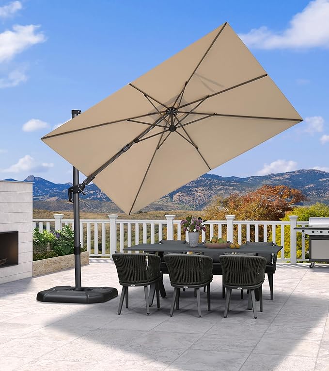 PURPLE LEAF 6.5' X 10' Left-right Tilt Patio Umbrella Outdoor Cantilever Swivel Rectangle Umbrella Aluminum Offset Umbrella with 360-degree Rotation for Garden Deck Pool Patio Beige