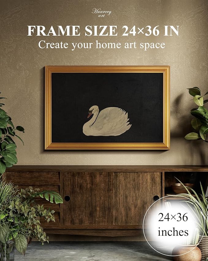 HUARCEY Gold Framed Vintage Wall Art for Living Room, Grace Swan Art Painting Pictures Animal Bathroom Prints Farmhouse Wall Decor Large Canvas Swan Aesthetic Decor for Kitchen Bedroom Zwaan 24"x36"