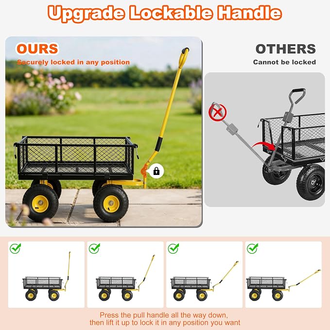 900lbs Heavy Duty Garden Cart, Steel Garden Wagon Cart with Fixedable Rotating Handle for Backyard, Utility Yard Wagon with 10" All Terrain Tires, Mesh Removable Sides