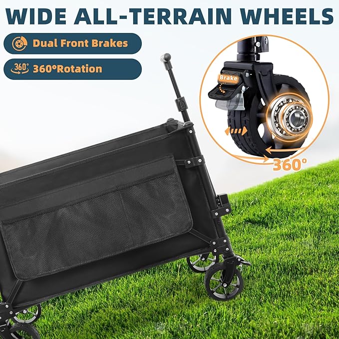 Favoyard Collapsible Wagon Carts Foldable 150L & 360LBS Portable Folding Wagons with All-Terrain Wheels & Brakes Heavy Duty Outdoor Utility Cart for Grocery Camping Shopping Sports Garden, Black