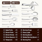 Luciella Ponza Flatware Set for 12, 65-Piece Stainless Steel Silverware Set with Serving Utensils, Timeless Hammered Design, Rust-Resistant, Mirror Polished & Dishwasher Safe
