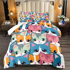 Cat Comforter Set for Girls - Balck Neon Cartoon Cats Bedding Set for Girls Bedroom Ultra Soft Cats Queen Size Comforter Set for All-Season with 1 Comforter and 2 Pillowcases Girls Room Decor
