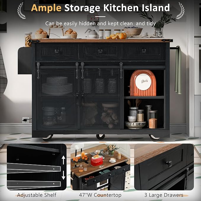 Farmhouse Kitchen Island on Wheels with Drop Leaf & Power Outlet, 53.7-Inch Rolling Storage Island Cart Breakfast Bar with Drawers, Sliding Barn Door Cabinets, Spice Rack (Black)