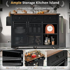 Farmhouse Kitchen Island on Wheels with Drop Leaf & Power Outlet, 53.7-Inch Rolling Storage Island Cart Breakfast Bar with Drawers, Sliding Barn Door Cabinets, Spice Rack (Black)