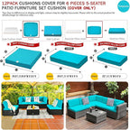 ClawsCover 12 Pack Outdoor Seat and Back Cushions Replacement Covers Fit for 6Pieces 5-Seater Wicker Rattan Patio Furniture Conversation Set Sectional Couch Chairs,Turquoise-Include Cover Only