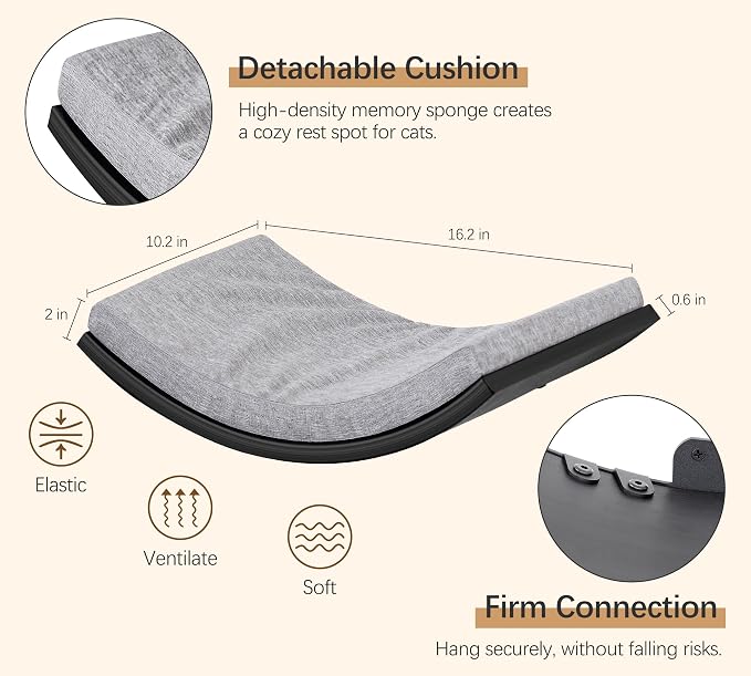 Cat Wall Shelf, Curved Cats Wall Bed, Wall Mounted Cat Grey Climbing Shelves for Sleeping, Playing, and Lounging