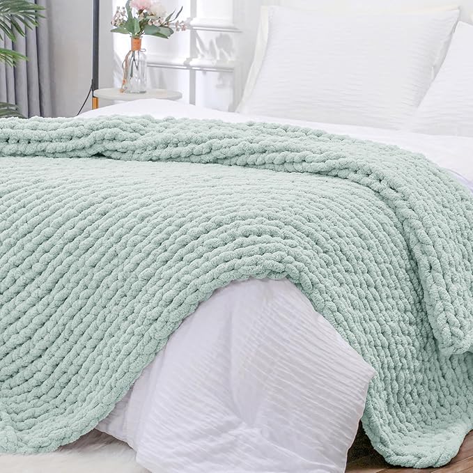 Bigacogo Chunky Knit Throw Blanket for Couch, 51x63 inches, 100% Hand Knitted with Thick Jumbo Chenille Yarn, Cozy Soft Large Rope Knot Cable Crochet Blankets for Sofa Bed Living Room, Mint