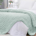 Bigacogo Chunky Knit Throw Blanket for Couch, 40x80 inches, 100% Hand Knitted with Thick Jumbo Chenille Yarn, Cozy Soft Large Rope Knot Cable Crochet Blankets for Sofa Bed Living Room, Mint