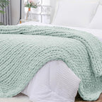 Bigacogo Chunky Knit Throw Blanket for Couch, 40x80 inches, 100% Hand Knitted with Thick Jumbo Chenille Yarn, Cozy Soft Large Rope Knot Cable Crochet Blankets for Sofa Bed Living Room, Mint