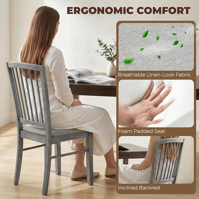 HOMCOM Farmhouse Dining Chairs Set of 2 Rubberwood Legs, Rustic Gray | Upholstered Linen Fabric, Kitchen Chairs, for Kitchen, Dining Room