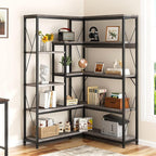Shintenchi 5 Tiers Corner Bookshelf, 70.86" Tall L-Shaped Bookcase, Large Corner Etagere Bookcase, Corner Shelf Display Storage Rack with Metal Frame for Living Room Home Office, Grey