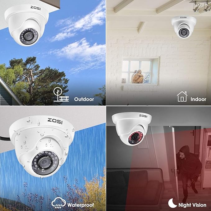 ZOSI 1000TVL CCTV Camera 24 IR LEDs Indoor Outdoor Day Night Vision 65ft Security Dome Color Camera for DVR Surveillance System (White)