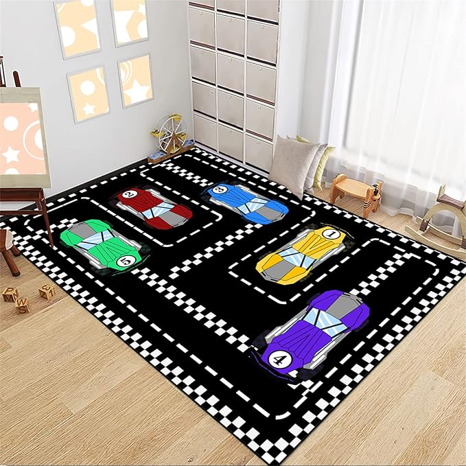 Car Rug Race Car Rug Car Track Rugs for Boys Race Track Carpet Race Car Track Rug Car Rug for Boys Room Car Rug Play Mat Car Carpet for Kids Rugs for Boys Bedroom,Black 2'5''×4'