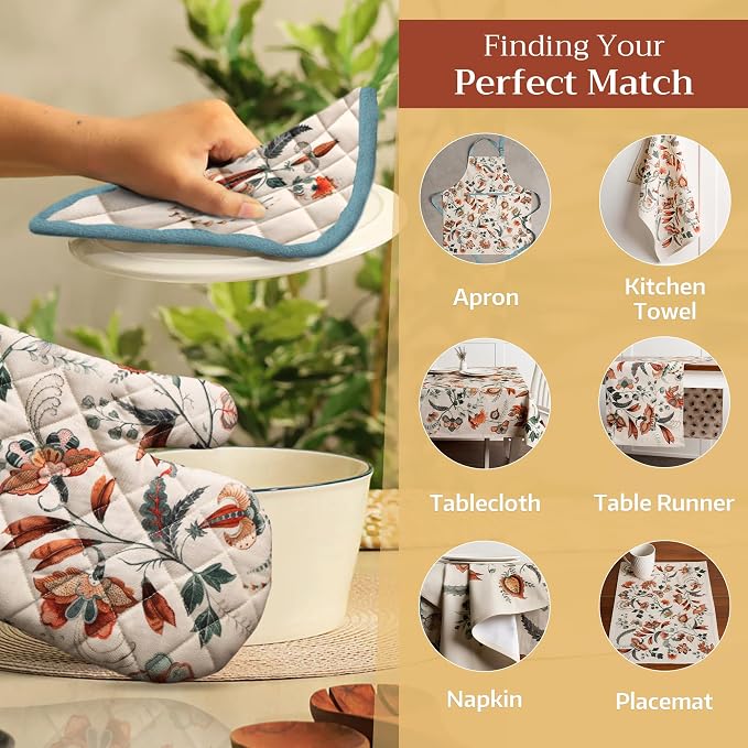 Maison d' Hermine 100% Cotton Oven Mitt & Pot Holder Set (7.5"x13" & 8"x8") | Heat Resistant BBQ Cooking Gloves with Loop Baking Grilling Kitchen Hotel Home Farmhouse Thanksgiving Christmas - Dalida