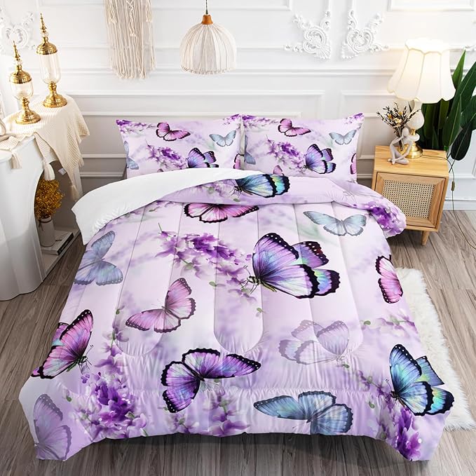 Purple Lavender Butterfly Comforter Set for Girl Kid Adult Colorful Butterfly Pattern Bedding Set Aesthetics Butterflies Quilt Bed Set Full Size with 1 Comforter and 2 Pillowcases