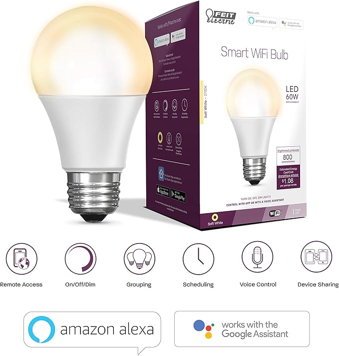 Feit Electric OM60/927CA/AG 60W Equivalent WiFi Dimmable, No Hub Required, Alexa Google Assistant A19 Smart LED Light Bulb, 4.4" H x 2.3" D, 2700K Soft White