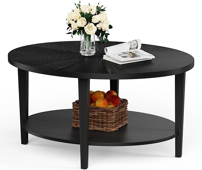 Solid Wood Oval Coffee Table for Living Room, 2 Tier Oval Rustic Coffee Table with Storage Shelf, Double Layer Center Table for Living Room, Easy Assembly