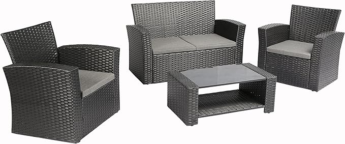 4 Pieces Outdoor Furniture Complete Patio Cushion Wicker P.E Rattan Garden Set, Full, Black