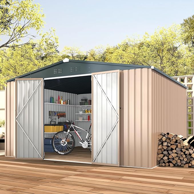 U-MAX Shed 10' x 12' Storage Shed Large, Metal Sheds & Outdoor Storage 10x12, Lockable Outdoor Shed Utility and Tool Storage for Garden, Backyard, Patio, Outside in Grey
