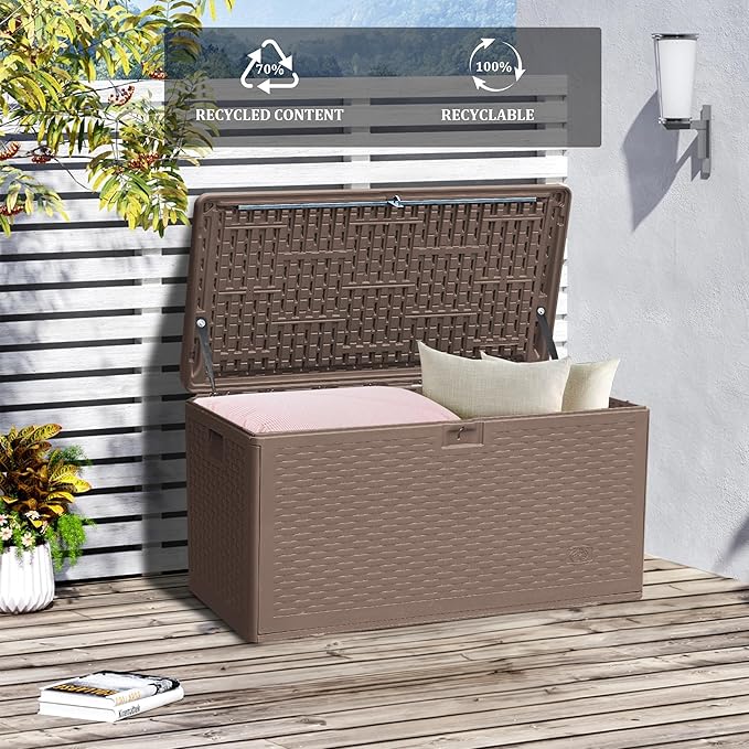73GAL Brown Blow - Molded Outdoor Deck Box with Lock Hole - Waterproof, SGS - Protected from UV, Spacious for Garden Equipment and Pool Toys Storage, Easy to Assemble