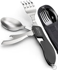 Orblue 4-in-1 Camping Eating Utensils, 2-Pack - Portable Spoon, Fork, Knife & Bottle Opener Combo Set - Stainless Steel Flatware with Detachable Fork - Travel, Backpacking Cutlery Multitool, Black