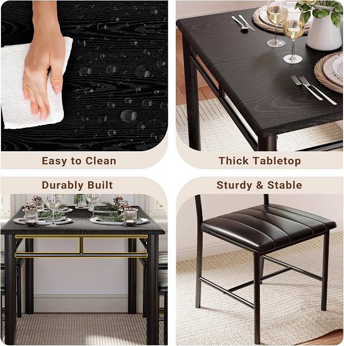 IRONCK Dining Table Set for 4, Black | Wood Kitchen Table with Upholstered Chairs for Kitchen Room and Small Spaces