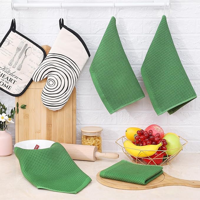 Homaxy 100% Cotton Waffle Weave Kitchen Dish Cloths, 4-Pack, Grass Green | 12 x 12 Inches, Ultra Soft Absorbent Dish Towels, Quick Drying Dish Rags with Hanging Loop