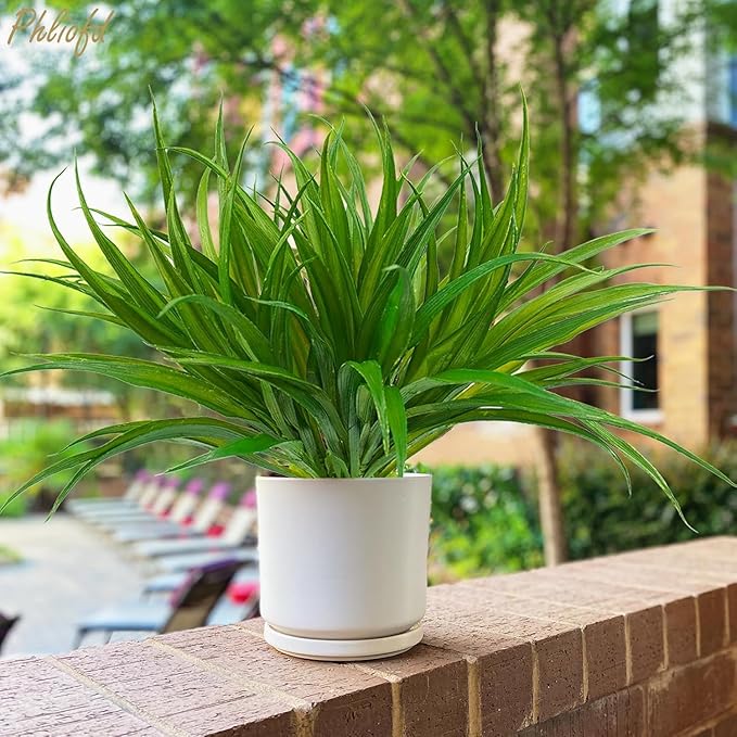 32 Pcs Artificial Grass Fake Plants 17.3in Outdoor Plants UV Resistant Faux Greenery Stems Fake Grass for Home Window Garden Office Patio Pathway Front Porch Halloween Décor Green