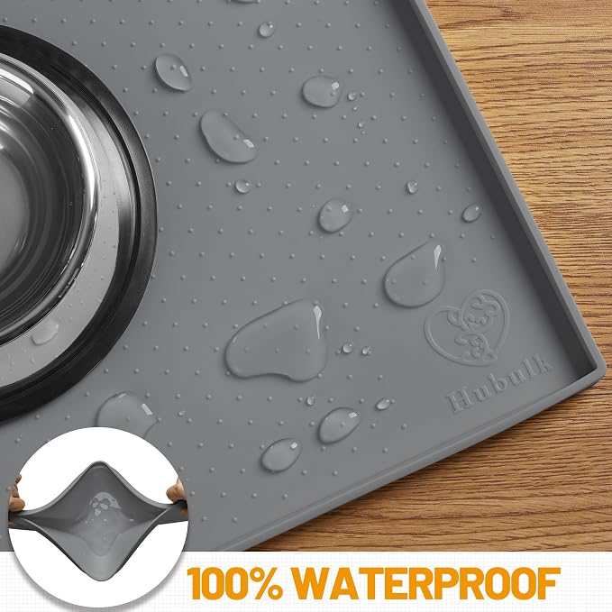 Hubulk Dog Feeding Mat,100% Waterproof Food Grade Silicone Pet Food and Water Bowl Placemat,Dishwasher, High Raised Edge to Prevent Spills,Nonslip Tray to Stop Messes on Floor（28"x18"x0.8", Grey）