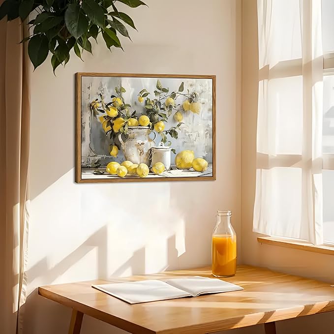 Framed Lemon Kitchen Wall Decor for Dining Room - Vintage Mustard French's Yellow Lemon Kitchen Wall Art, Rustic Oil Paintings Posters Prints for Bathroom Living Room Bedroom 16x24 inch