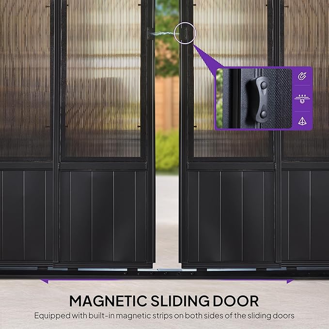 PURPLE LEAF 12' X 16' Sunroom Patio Hardtop Gazebo Double Top Galvanized Steel Screen House Aluminum Sun Room Outdoor Solarium for Garden Backyard and 24 Solar String Light