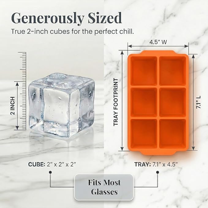 KitchFort® Large Silicone Ice Cube Tray (3-Pack), Easy Release 2" Big Ice Cubes - Cocktail, Whiskey Ice Cubes Mold - Ice Trays for Freezer with Lid - Stackable Silicone Ice Tray - Orange