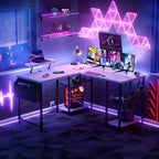 Aheaplus L Shaped Desk with Outlet and USB Charging Ports, L-Shaped Desk with Storage Shelves Reversible Corner Computer Desk 2 Person Long Table with Monitor Stand Gaming Home Office Desk, White
