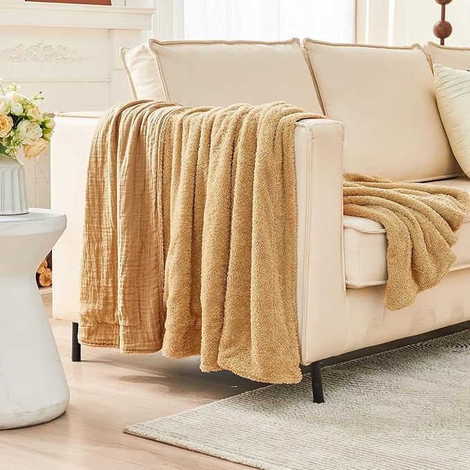 EMME Muslin and Fleece Throw Blanket Reversible - 50"*60" Beige Soft Warm Throw Blankets for Couch Bed Picnic Travel Bed