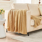 EMME Muslin and Fleece Throw Blanket Reversible - 50"*60" Beige Soft Warm Throw Blankets for Couch Bed Picnic Travel Bed