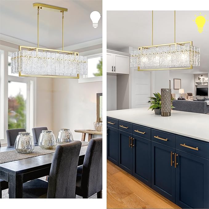 IKK Modern Gold Rectangle Chandeliers for Dining Room, Crystal Water Ripple Light Fixture, Elegant Farmhouse Linear Lighting for Kitchen Island, Bar Table, L33 x W9 x H12