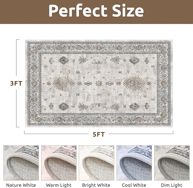 AMOAMI-Vintage Area Rug 3x5 Grey Rugs for Living Room-Soft Washable Rug Non Slip Entryway Rug Indoor Vintage Throw Accent for Bedroom Laundry Room Dining Bathroom Bedside