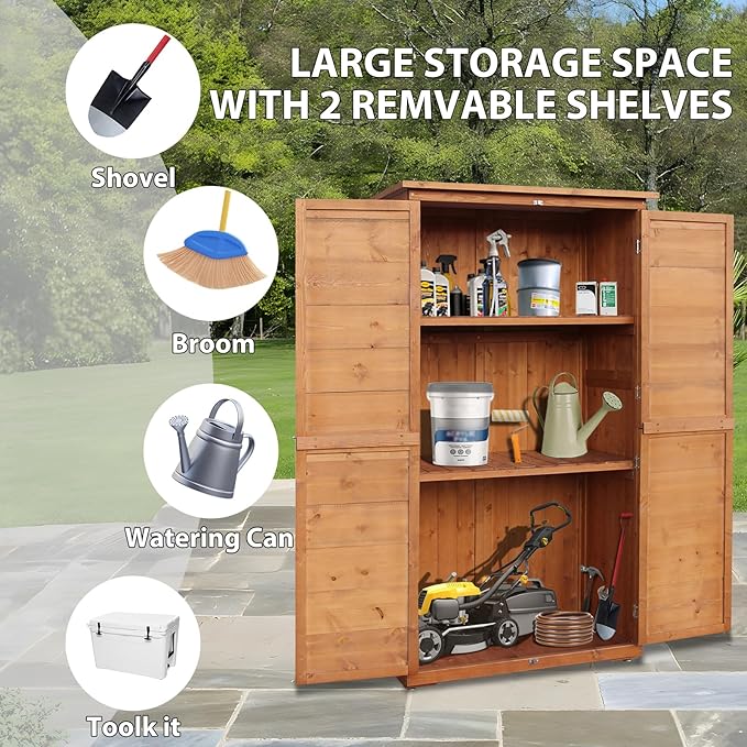 Outdoor Storage Cabinet, Wood Garden Shed, Pool Storage Shed with Lockable Door, Waterproof Roof and 2 Removable Shelves, Vertical Outside Storage Shed for Patio, Backyard and Lawn, Oak Brown