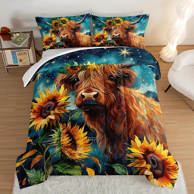 HOSIMA Highland Cow Comforter Set,Western Farmhouse Animals Cow and Sunflower Print Bedding Set 3Pcs with 2 Pillowcases,Galaxy Star Moon Queen Comforter Set,Floral Wild Animal Room Decor.