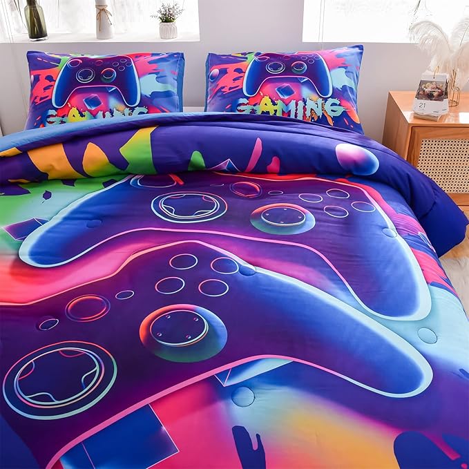 Aimuan Gaming Comforter Sets for Boys Kids Bedding Sets Video Games Console Action Buttons Novelty Colorful Game Gamepad Controller Modern Gamer Room Decor Home Quilt Set (Full, Purple)