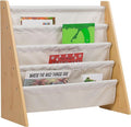 Wildkin Kids Canvas Sling Bookshelf for Boys and Girls, Wooden Design Features Four Fabric Shelves, Keep Bedrooms, Playrooms, and Classrooms Organized, Measures 25 x 24 x 11 Inches (Natural w/ Tan)