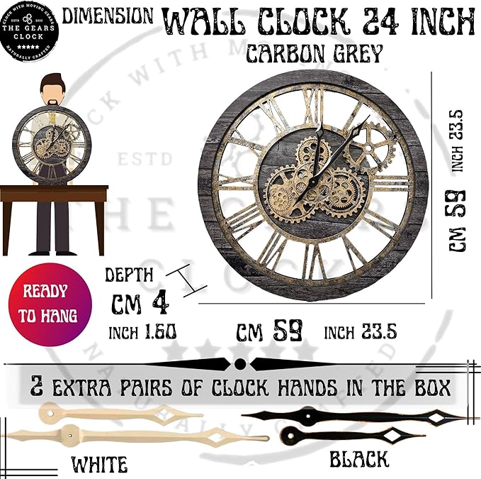 The Gears Clock The Original Real Moving Gear Wall Clock Vintage Industrial Oversized Rustic Farmhouse (24 inch (60cm), Vintage Carbon Grey and Bronze)