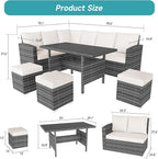 IDEALHOUSE 7 Pieces Outdoor Dining Set,Patio Sectional Sofa Conversation Set All Weather Wicker Rattan Couch Dining Table & Chair with Ottoman Beige