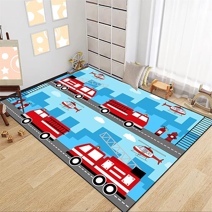 Car Rug Play Mat Car Rug Play Mat Car Rug for Boys Room Fire Fighting Truck Red Car Printed Rug Play Rug for Cars and Trucks Play Rugs for Kids Rooms,Light Blue 2'5''×4'