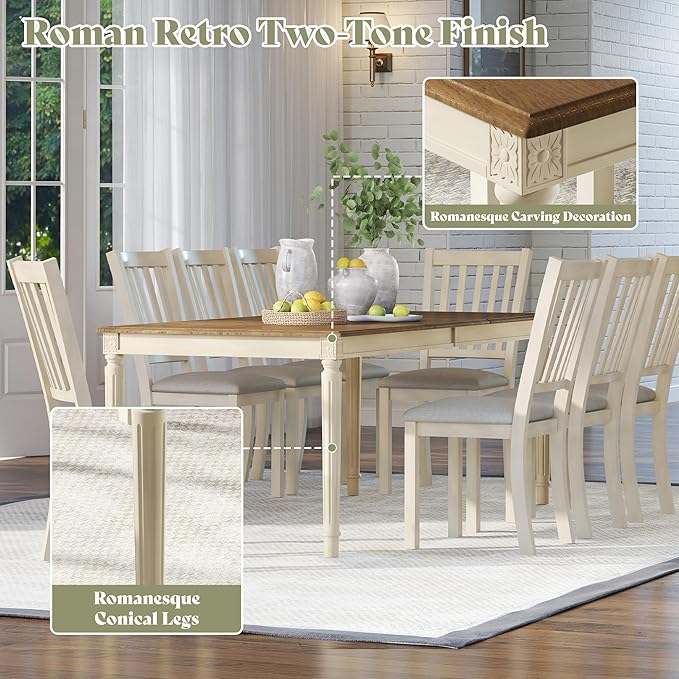 AMERLIFE 79" Rustic Farmhouse Dining Table with Solid Wood Top, Cream | Solid Wood Construction, Roman Conical Legs, Large Rectangular Design, Seating for 6 to 8